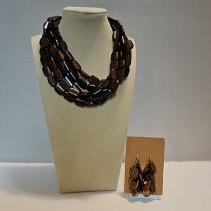 Brown Wood Beaded Necklace and Earring Set